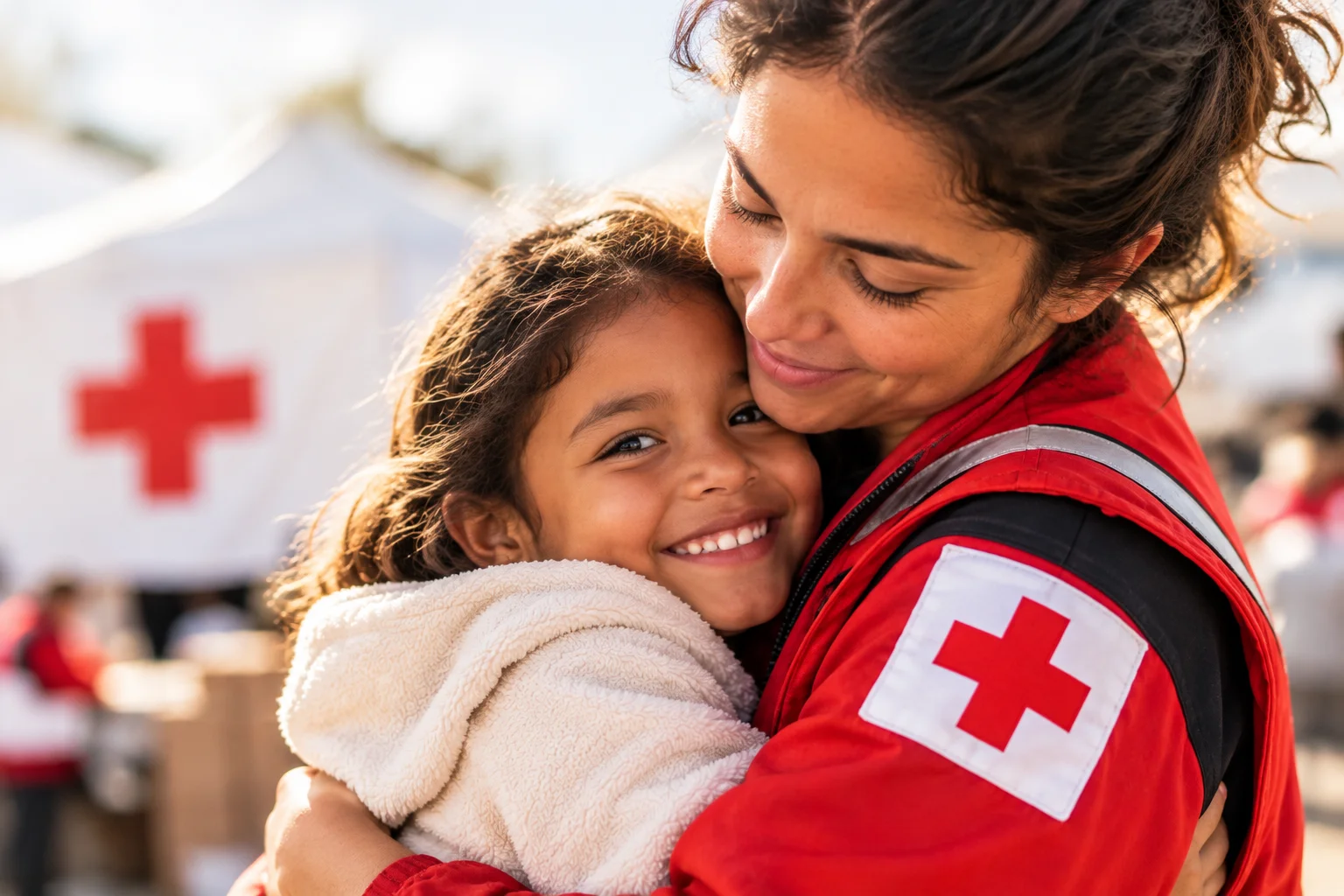 Voluntário da Cruz Vermelha Brasileira de Minas Gerais prestando assistência humanitária e entregando suprimentos para uma família.